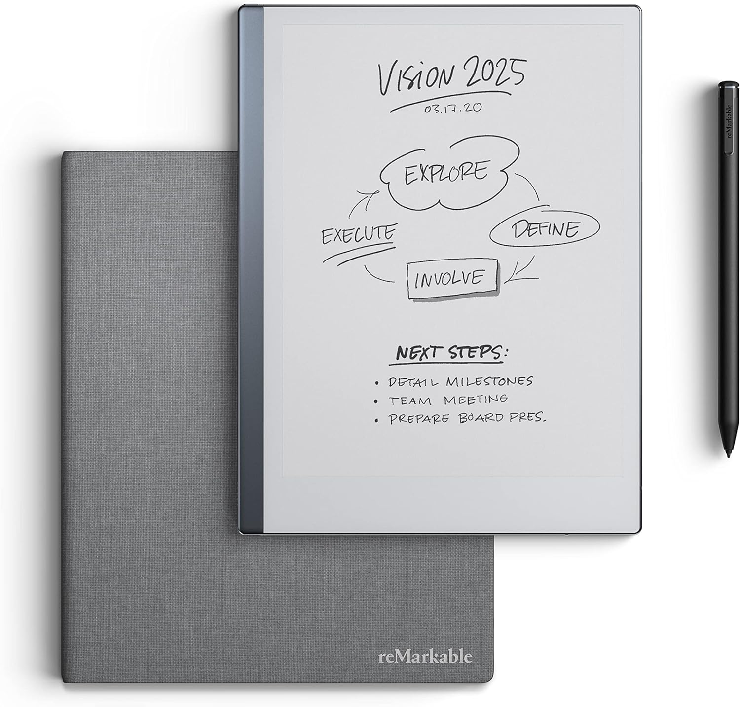 reMarkable Essentials Bundle – Gray | reMarkable 2 Paper Tablet | Includes 10.3” reMarkable Tablet, Marker Plus Pen with Eraser, Book Folio Cover in Gray Weave, and 1-Year Free Connect Trial