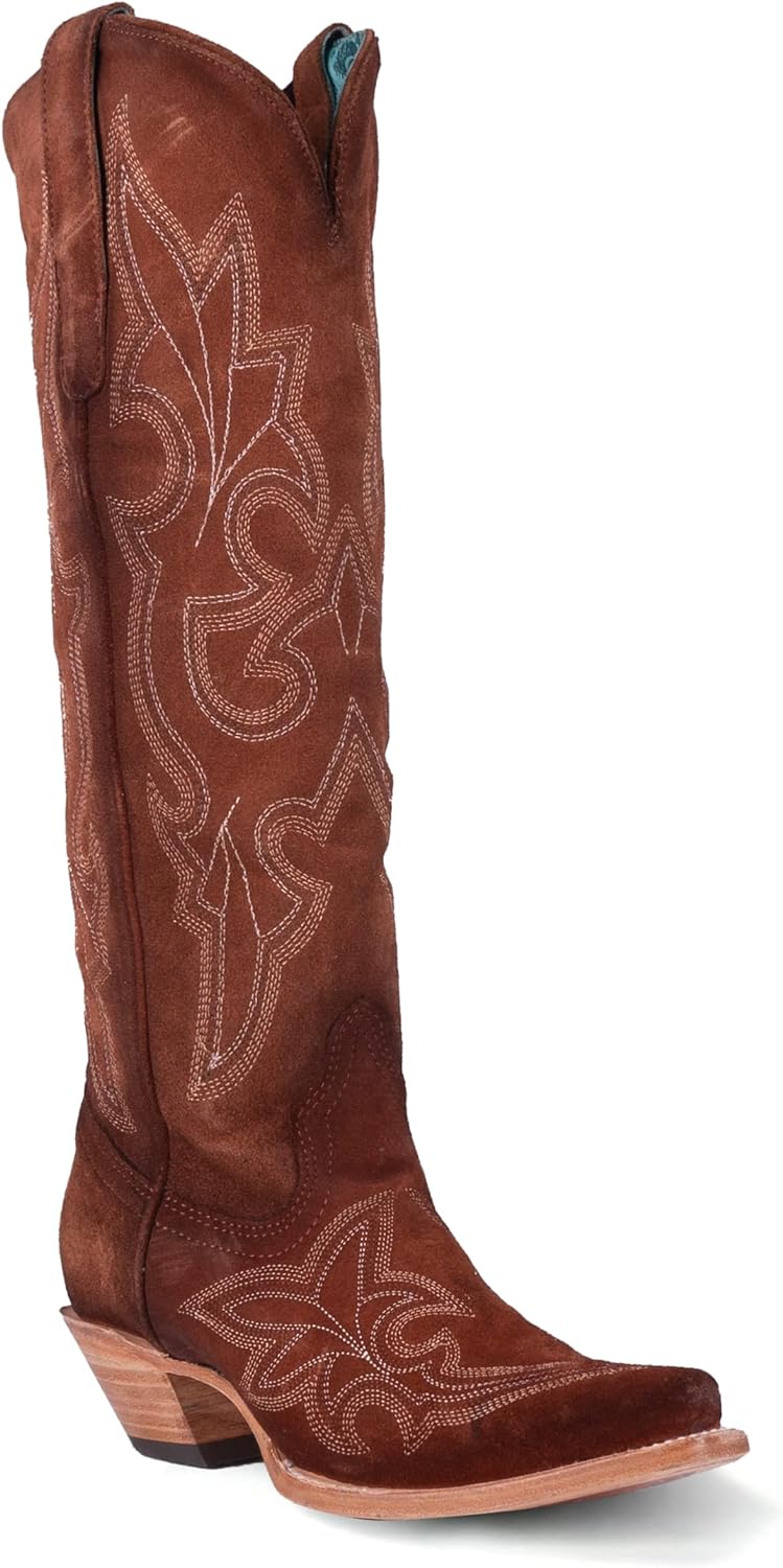 Corral Boots Womens Suede Tooled-Inlay Tall Snip Toe Casual Boots Knee High Mid Heel 2-3" - Brown