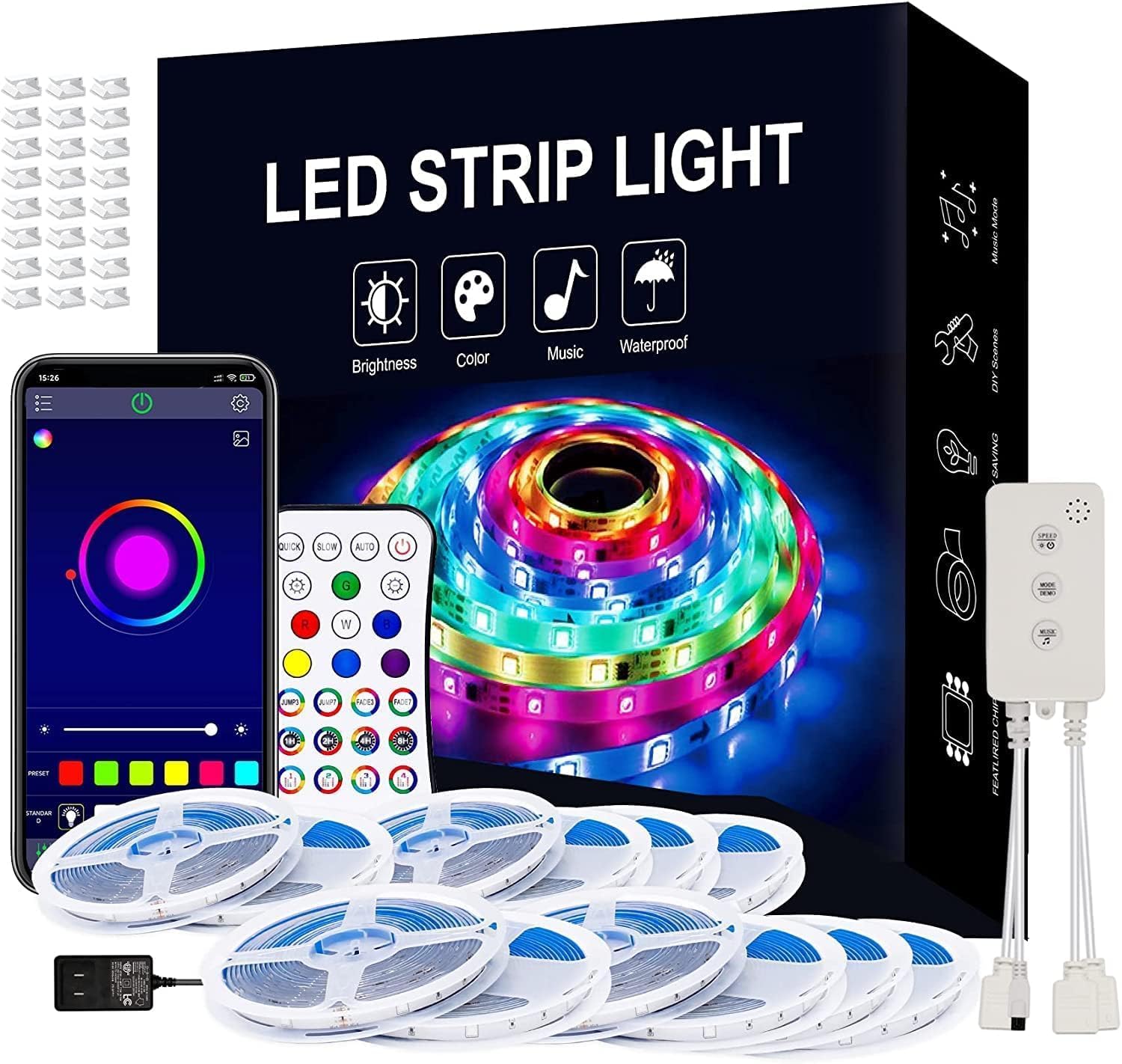 200ft Outdoor Led Strip Lights Waterproof, 5050 RGB Led Light Strip and 16 Million Color Changing with Bluetooth Music Sync App Remote Controller for Home Bedroom (12v, 12 Rolls of 16.4ft)