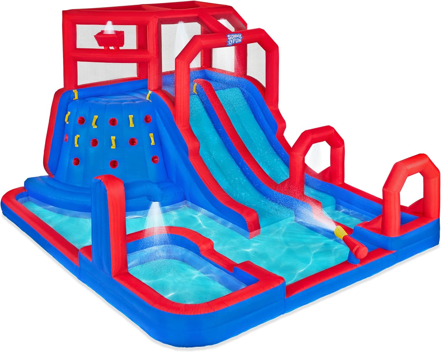 Sunny &amp; Fun Mega Climb N’ Go Inflatable Water Slide Park – Heavy-Duty for Outdoor Fun - Climbing Wall, 2 Slides, Splash &amp; Deep Pool – Easy to Set Up &amp; Inflate with Included Air Pump &amp; 