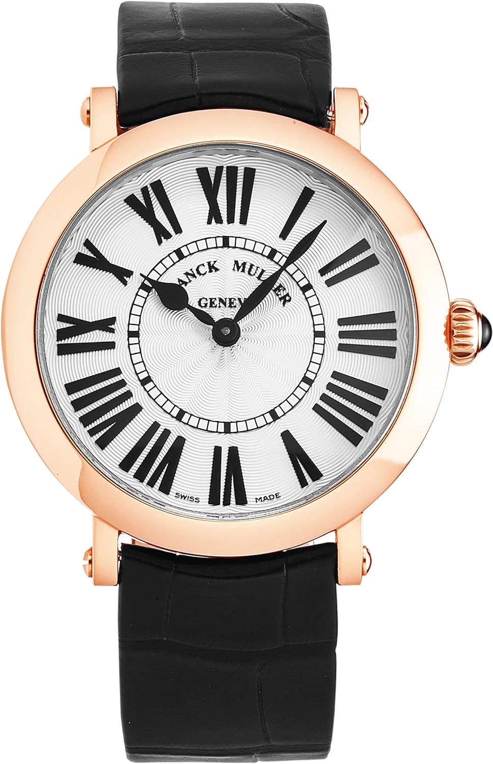 Franck Muller Womens 'Round' Silver Dial Black Leather Strap Swiss Quartz Watch 8035QZR5NSIL