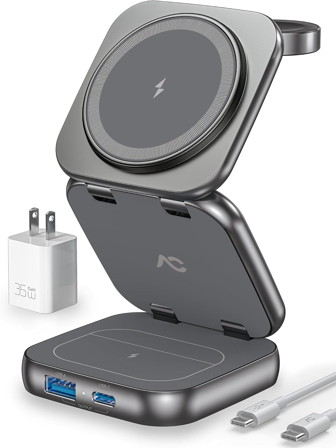 Wireless Charger for Magsafe, AC Island 5-in-1 Portable Charging Station, 15W Max Fast Foldable Magnetic Stand, Evolved for iPhone 15/14/13 Series, Apple Watch S1-9/Ultra, AirPods (with 35W Adapter)