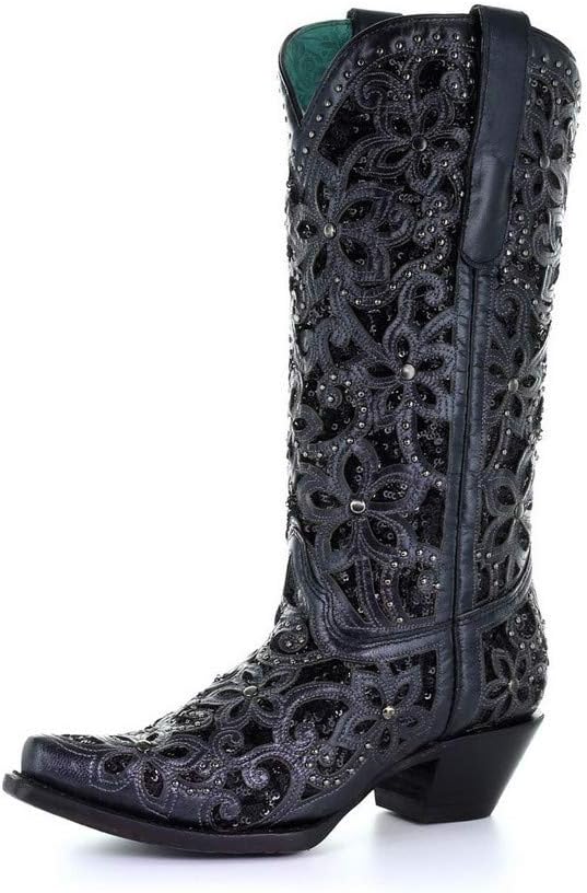 Corral Ladie's Black Inlay &amp; Embroidery &amp; Studs, Snip Toe, Leather Sole, Western, A3752