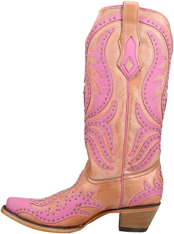 Corral Boots Womens Glow In The Dark Embroidery Tooled Inlay Studded Snip Toe Casual Boots Mid Calf Low Heel 1-2" - Pink