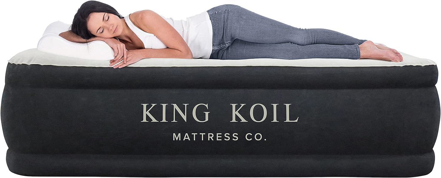 King Koil Pillow Top Plush Queen Air Mattress With Built-in High-Speed Pump Best For Home, Camping, Guests, 20" Queen Size Luxury Double Airbed Adjustable Blow Up Mattress, Waterproof, 1-Year Warranty