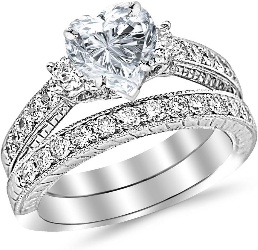 14K White Gold 2 Carat LAB GROWN DIAMOND Three Stone Vintage With Milgrain &amp; Filigree Bridal Set with Wedding Band &amp; Heart Cut Diamond Engagement Ring (E-F Color VS2-SI1 Clarity 1 Ct Center)