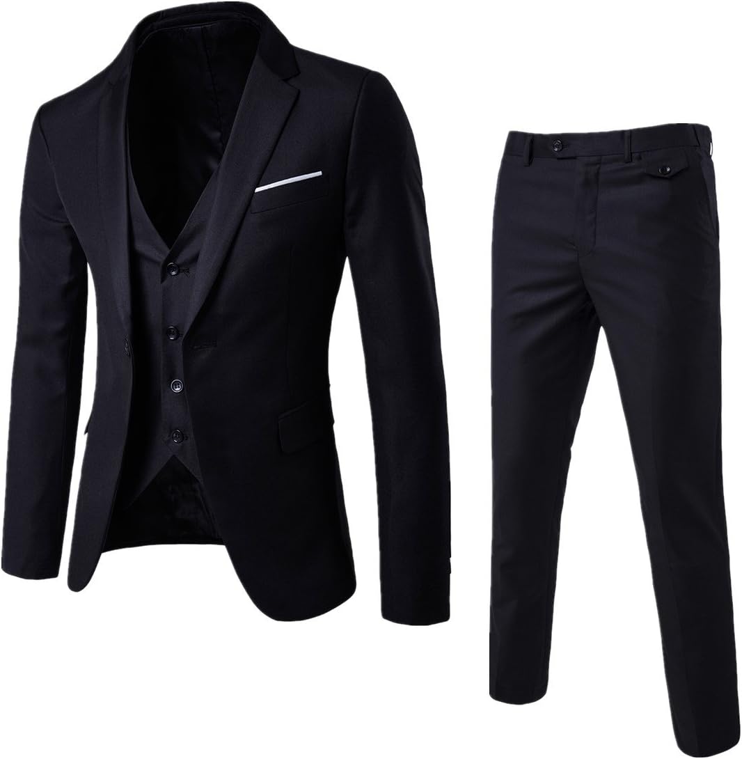 WULFUL Men’s Slim Fit Suit One Button 3-Piece Blazer Dress Business Wedding Party Jacket Vest &amp; Pant