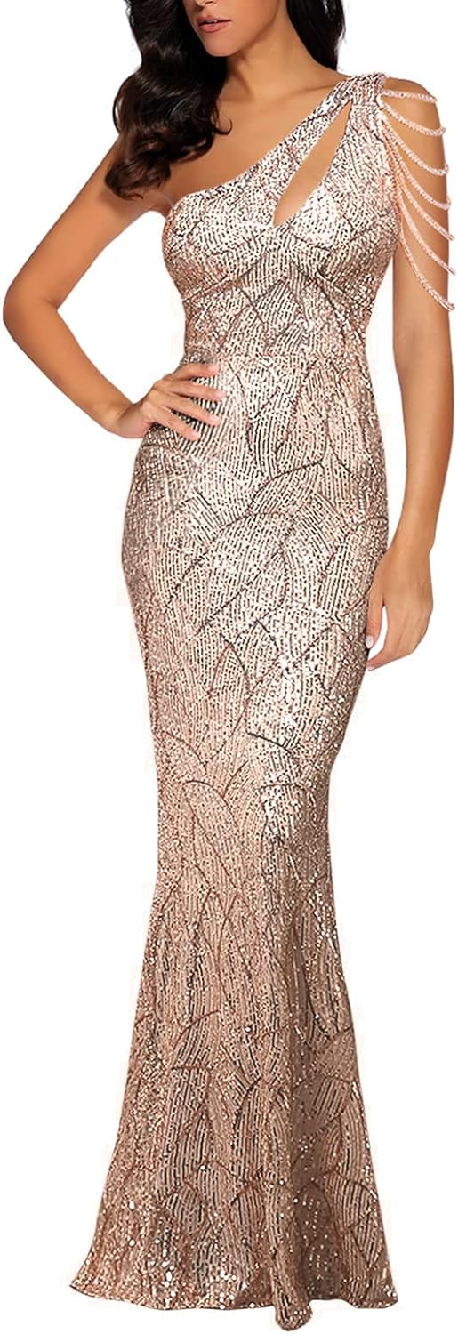 Women One Shoulder 1920s Plus Size Formal Dress Tassels Sleeve Sequins Gatsby Maxi Evening Gown