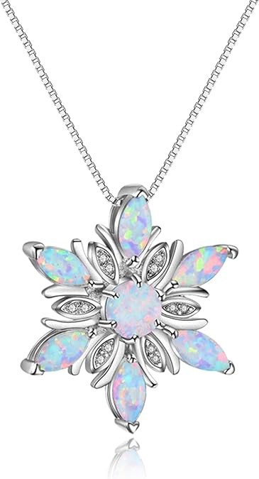 White Opal Snowflake Necklace Sterling Silver Cubic Zirconia Snowflake Christmas Jewelry Women