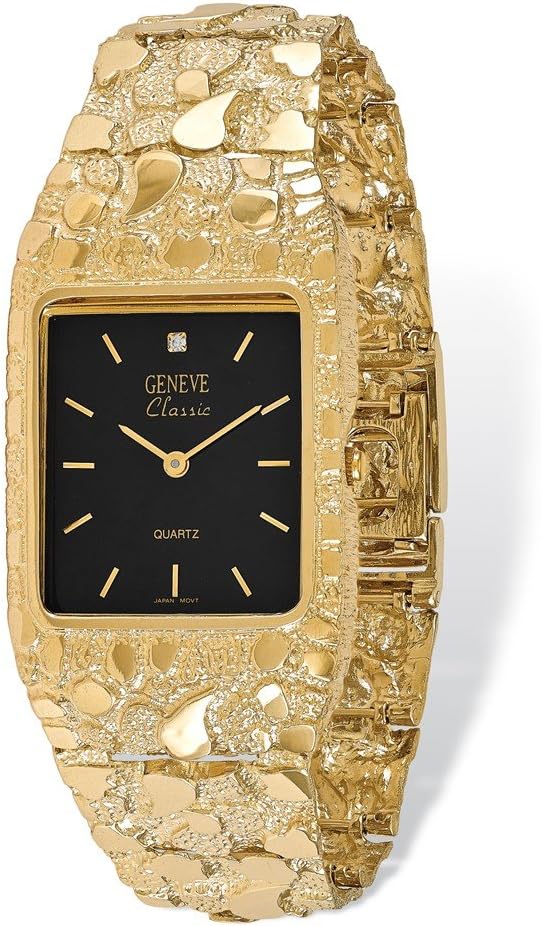 Sonia Jewels 14k Yellow Gold Men's Squared Black 27x47mm Dial Nugget Watch 8"