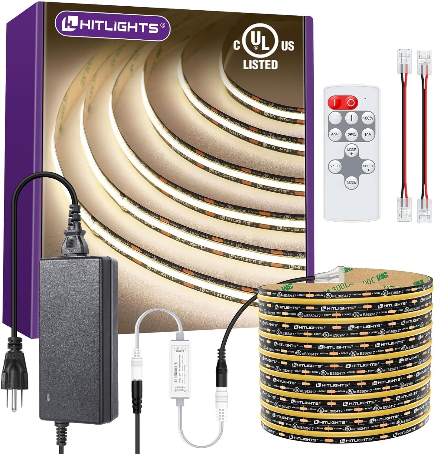 HitLights COB White LED Strip Lights Kit with Remote &amp; 12V Power Supply, 16.4ft Dimmable Tape Light 4000K, 2400LEDs, 305+ Lm/ft, UL Listed, Flexible Rope Lights for Bedroom, Kitchen, Cabinet Light