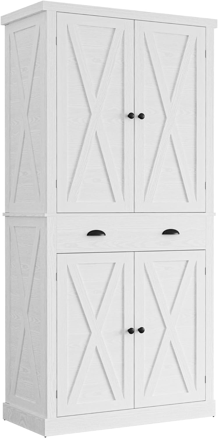 IRONCK Kitchen Pantry Storage Cabinet 72" Height, with Barn Doors, Drawer, 4 Adjustable Shelves, Freestanding Cupboard for Dining Room Living Room, Laundry, White