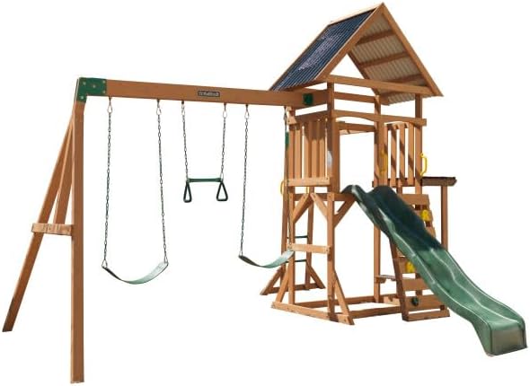 KidKraft Lawnmeadow Wooden Swing Set/Playset with Swings, Slide, Sandbox,Telescope Rock Wall and Monkey Bars