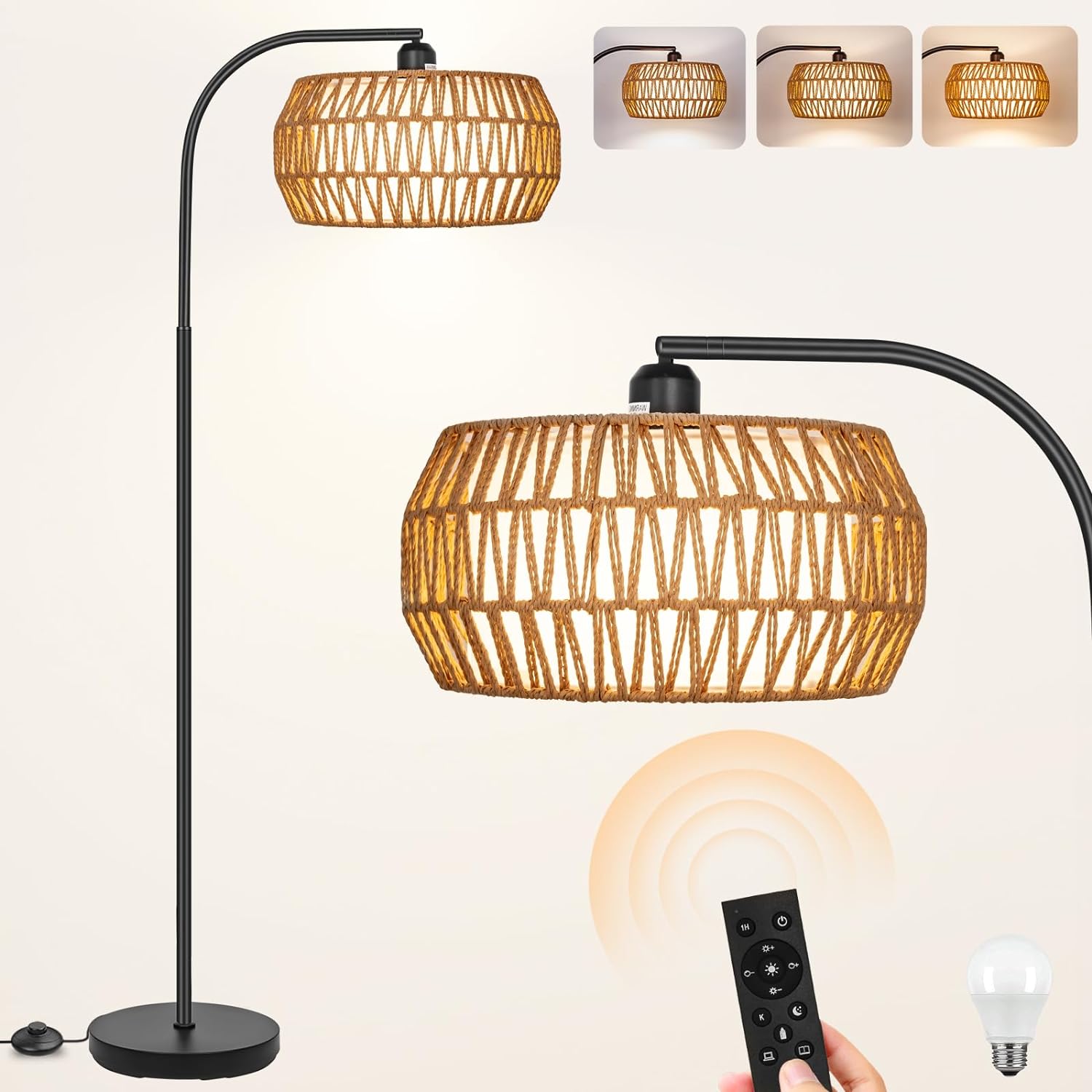Floor Lamp with Remote, Rattan Standing Lamp with Rattan &amp; Linen Shades, Boho Farmhouse Standing Lamps with Stepless Dimmable Bulb, Black Metal Base Rattan Lamp for Living Room, Bedroom, Office