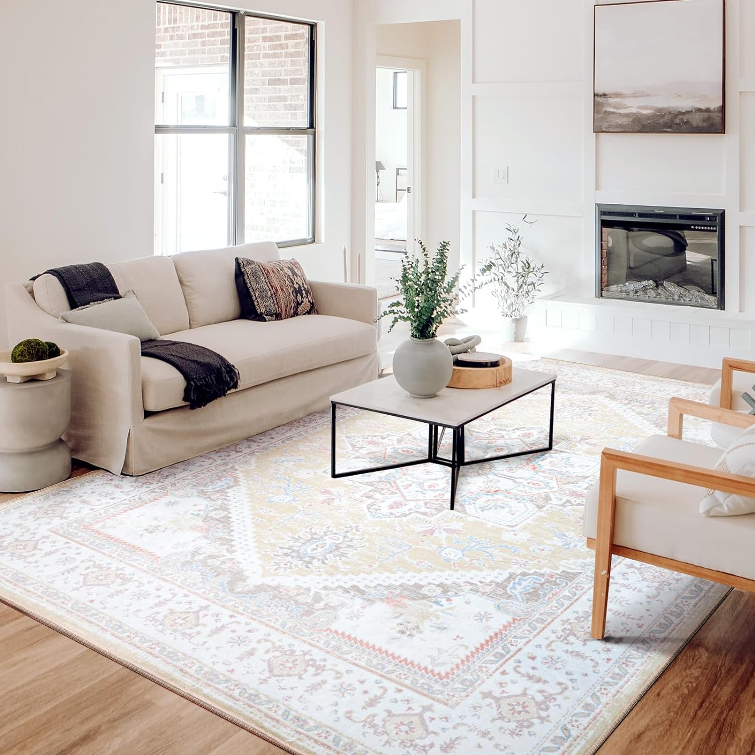 BESTSWEETIE Area Rugs 8x10 Rugs, Washable Rugs 8x10 Area Rug, Non Slip Water Repellent Floor Carpet, Low Pile Doormat Soft Vintage Rug for Living Room Bedroom Dinning Room Nursery Indoor-Cream