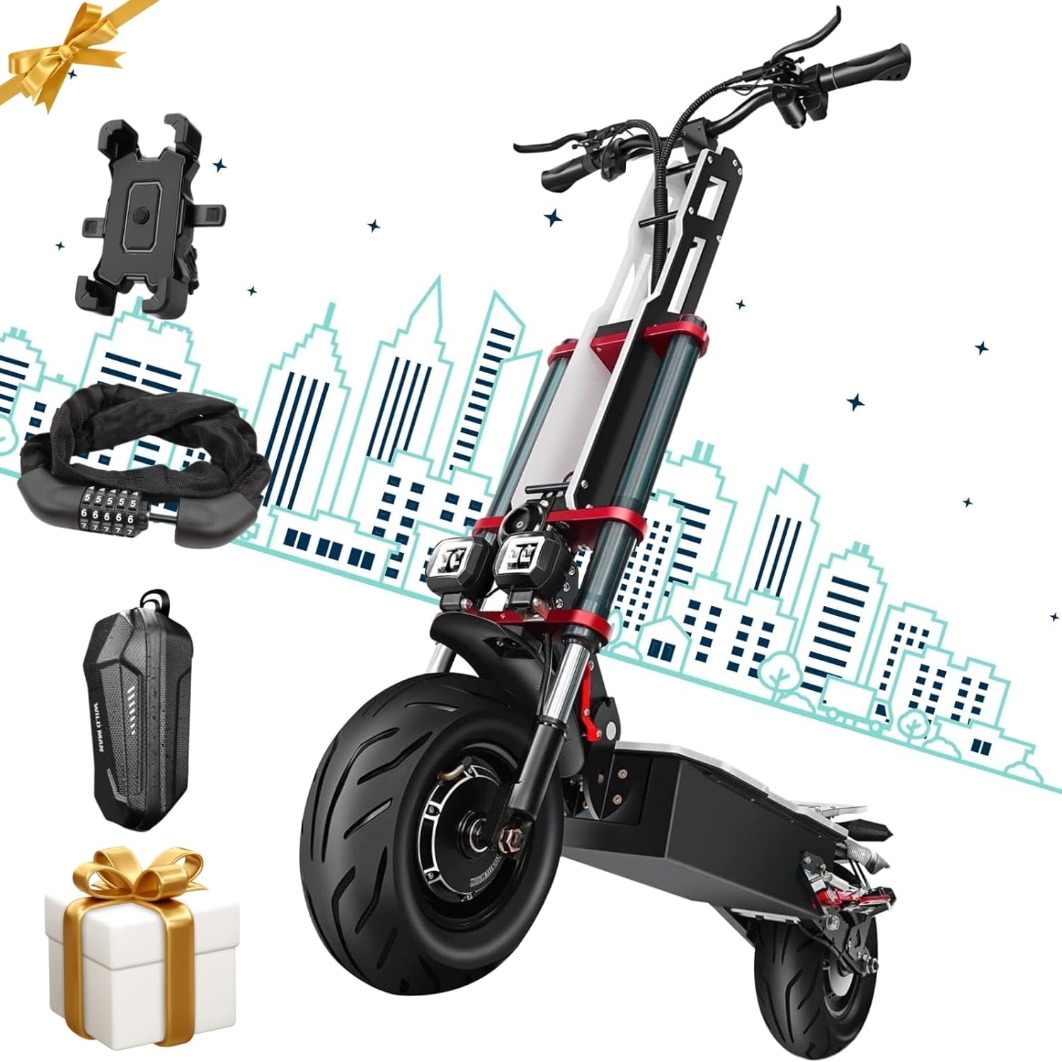Electric Scooter Adult 6000w Dual Motor, Max Speed 50MPH Range 70 Miles, 12 Inch Street Tires Commuter Dual Suspension E-Scooter with Seat and RGB Light