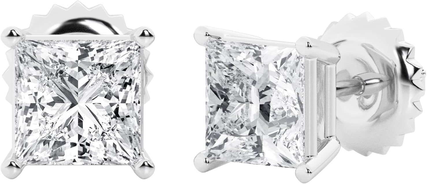 0.50 to 7 Ct Diamond Stud Earrings with Screw Back in 14K 18K White Gold &amp; Platinum, (E-F Color, VS Clarity), Round/Emerald/Oval/Princess Cut, IGI Certified Lab Grown Diamonds with Gift Box