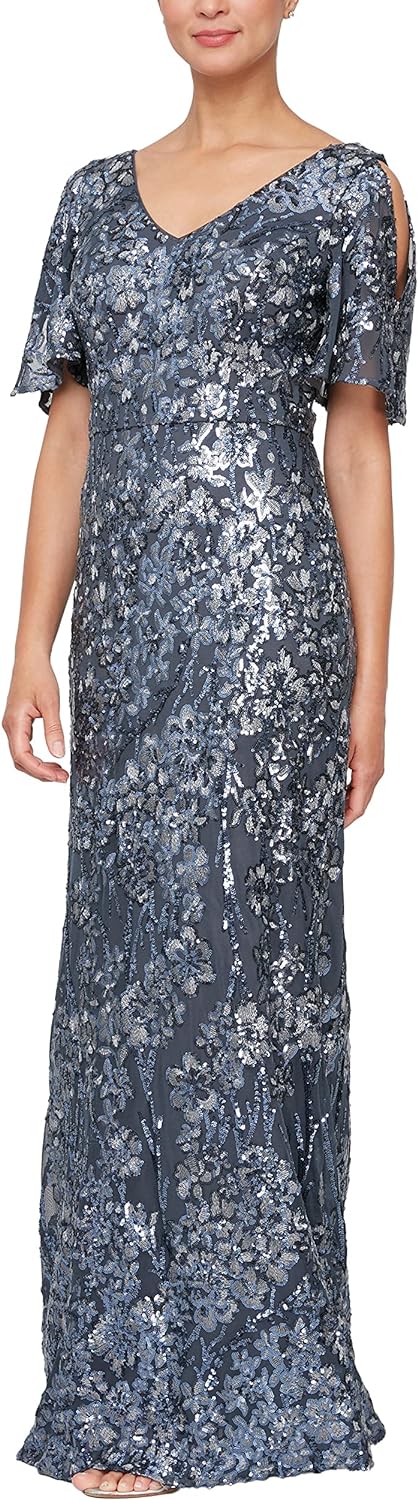 Alex Evenings Women's Sequin Stretch Lace Cold Shoulder Gown