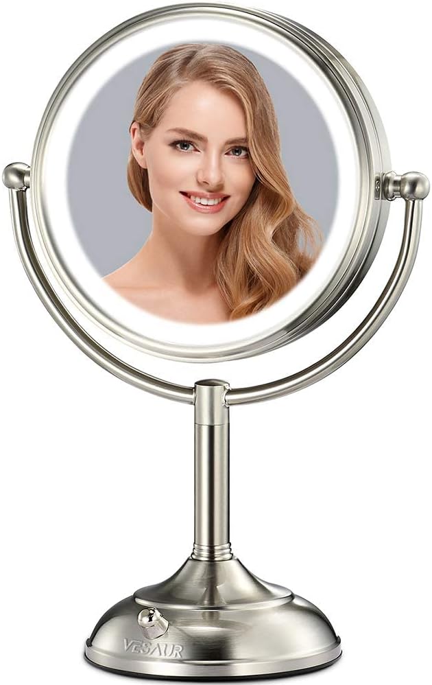 VESAUR 10" Extra Large and 17" Tall Lighted Makeup Mirror, 1X/5X Magnifying Vanity Mirror with 3 Colors Dimmable, 62 Premium LED Lights, 360° Rotation Table Mirror 2 Power Supply, Pearl Nickel