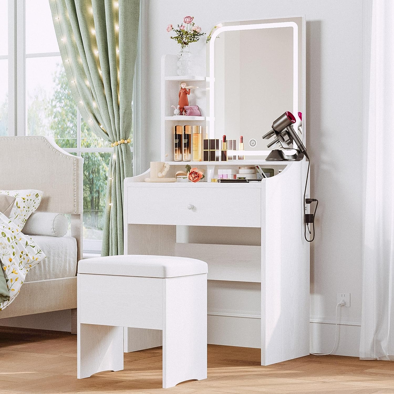 LIKIMIO Small Makeup Vanity Desk with Mirror and Lights, Vanity Table Set with Storage Drawer &amp; Chair &amp; 3 Shelves, Bedroom, White