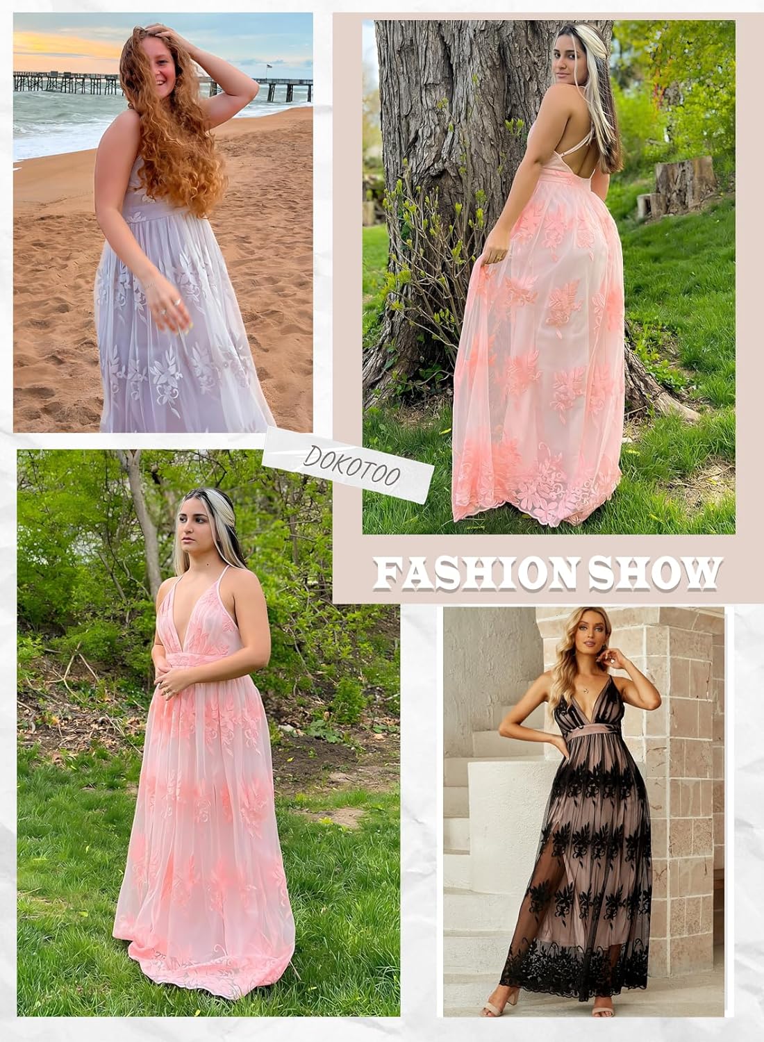 Dokotoo Womens 2024 Formal Dresses Plunging V-Neck Embroidered Floral Lace Mesh Velvet Maxi Dress