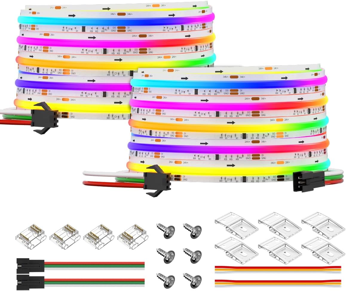 BTF-LIGHTING FCOB WS2811 IC RGB COB LED Strip Flexible High Density Uniform Chasing Color Light DC24V 720LED/m 2X16.4FT Total 32.8FT 20IC/m 12mm Width Dream Color LED Tape(NO Adapter or Controller)