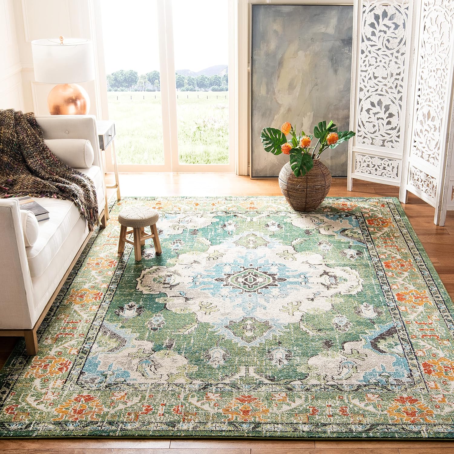 SAFAVIEH Monaco Collection Area Rug - 8' x 10', Forest Green &amp; Light Blue, Boho Medallion Distressed Design, Non-Shedding &amp; Easy Care, Ideal for High Traffic Areas in Living Room, Bedroom (MNC