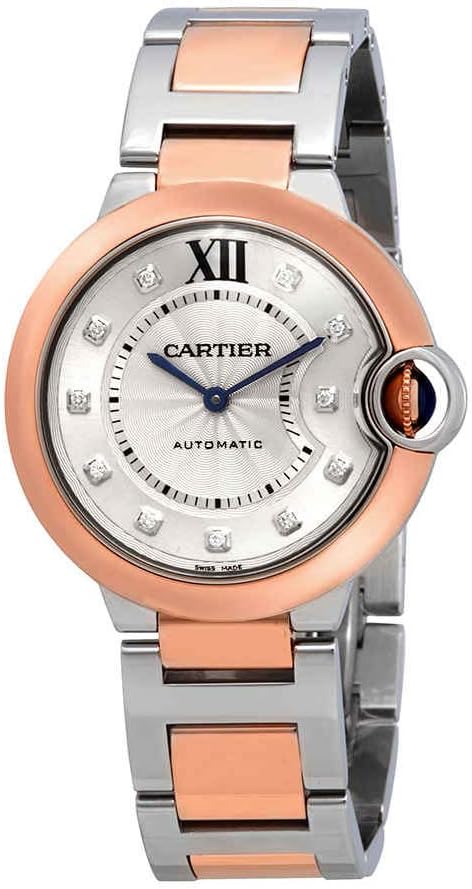 Cartier Ballon Bleu Automatic Diamond Dial Ladies Steel and 18kt Rose Gold Watch W3BB0013