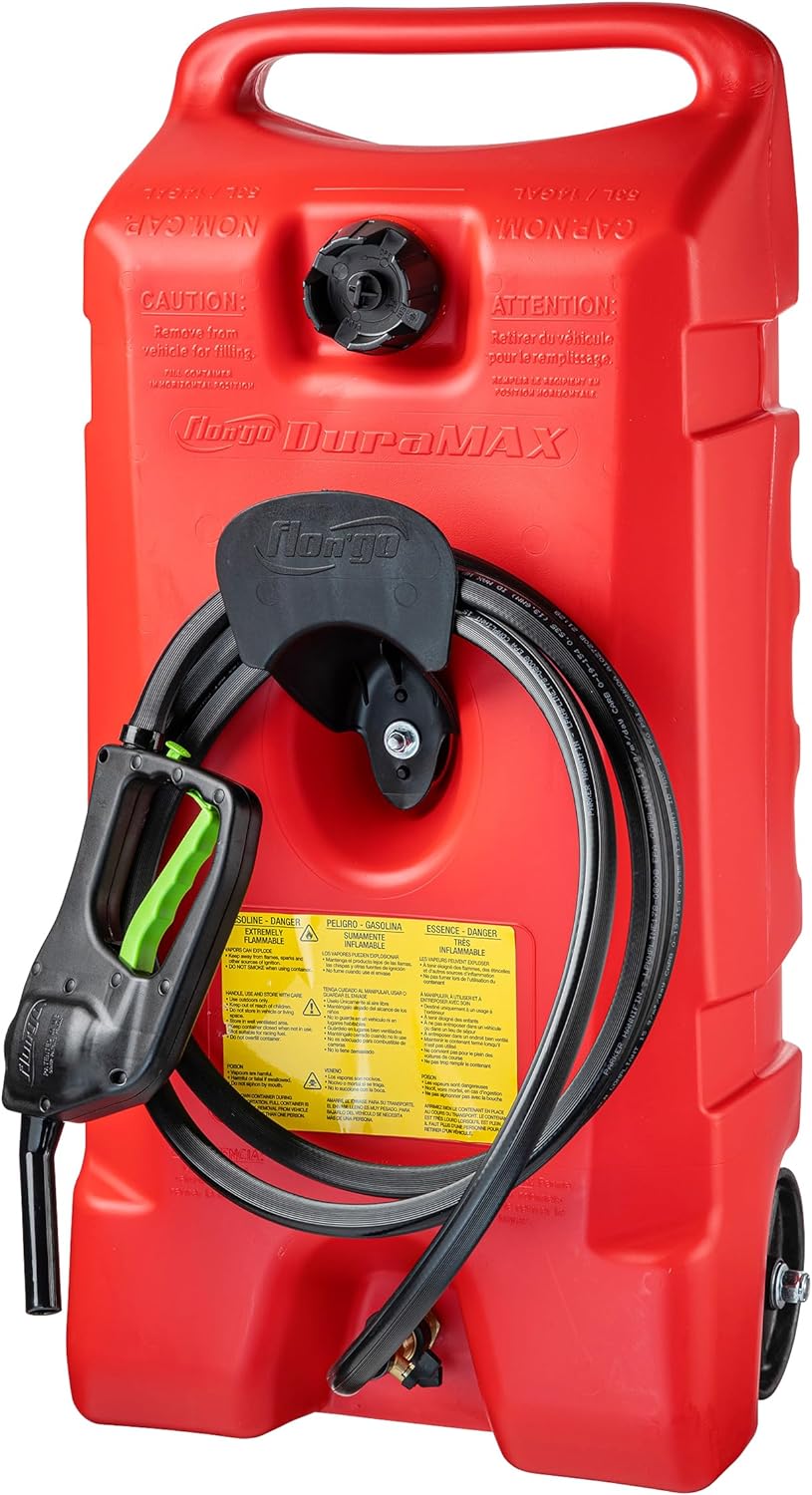 Scepter Flo N' Go Duramax 14 Gallon Portable Gas Fuel Tank Container Caddy with LE Fluid Transfer Siphon Pump and 10 Foot Long Hose, Red