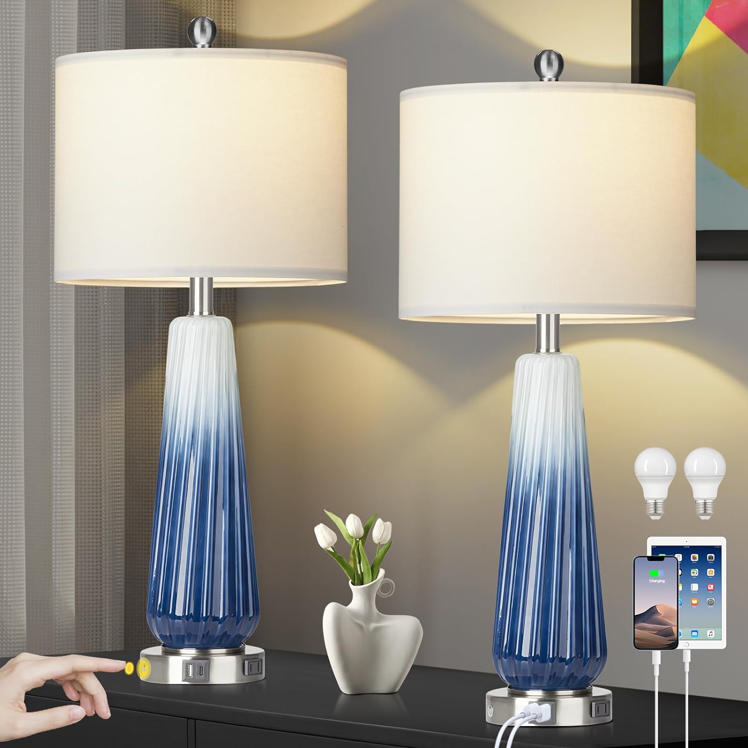 28" Glass Table Lamp Set of 2, Modern Table Lamps with USB A+C Ports &amp; AC Outlet, Touch Control Bedside Nightstand Lamp with LED Night Light &amp; White Fabric Shade for Living Room Blue(4 Bulbs I
