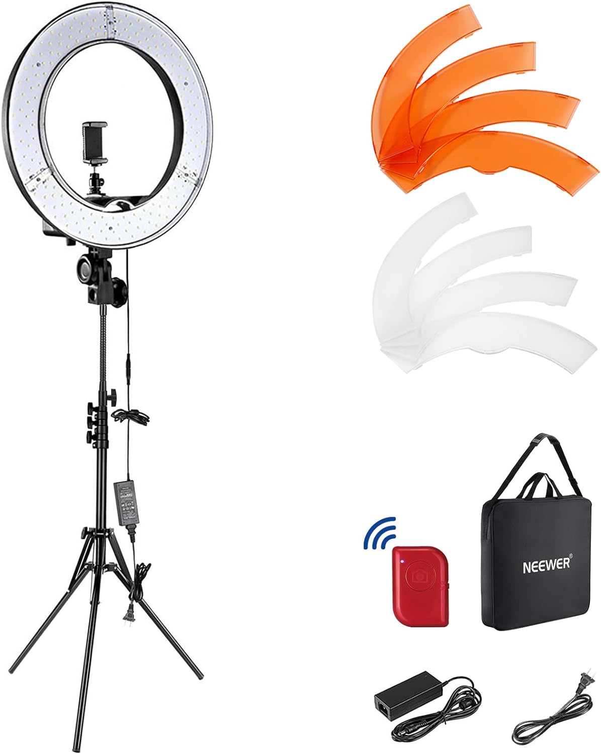 NEEWER Ring Light 18inch Kit: 55W 5600K Professional LED with Stand and Phone Holder, Soft Tube &amp; Bag for Tattoo Lash Extension Barber Makeup Artist Studio Video Photography Lighting, RL-18