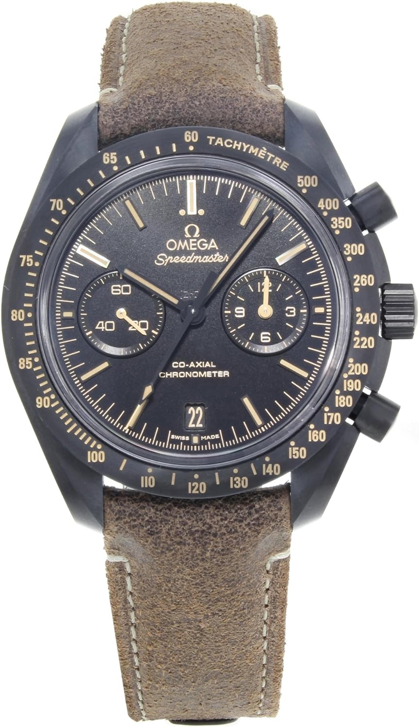 Omega Speedmaster Moonwatch Co-Axial Mens Black Face Brown Leather Strap Chronograph Swiss Automatic Watch 311.92.44.51.01.006
