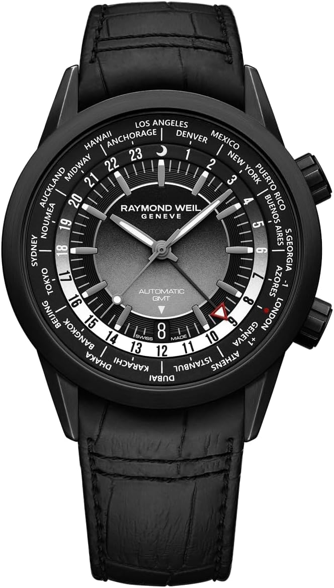 RAYMOND WEIL Freelancer GMT Worldtimer Men's Watch, 24 Cities and Time Zones, Black Gradient Dial, Indexes, Stainless Steel Case, Black Leather Strap, 41mm (Model: 2765-BKC-20001)