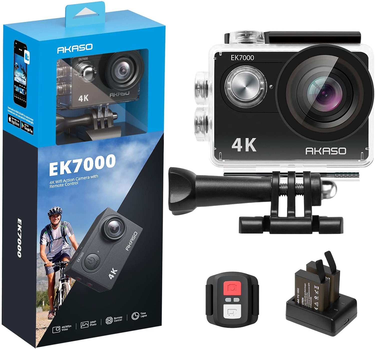 AKASO EK7000 4K30FPS 20MP Action Camera EIS Ultra HD Underwater Camera 131FT Waterproof Camera 170 Degree Wide Angle 4X Zoom Support External Microphone