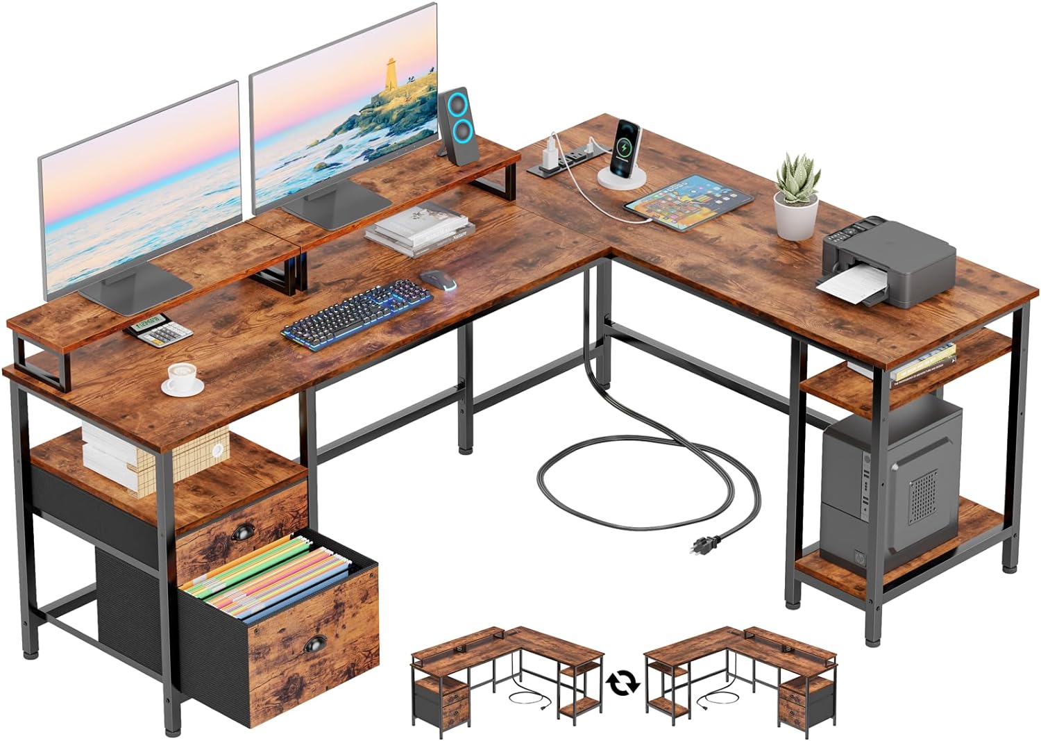 Furologee 66” L Shaped Desk with Power Outlet, Reversible Computer Desk with File Drawer &amp; 2 Monitor Stands, Home Office Desk with Storage Shelves, Corner Desk for Gaming Writing, Rustic Brown