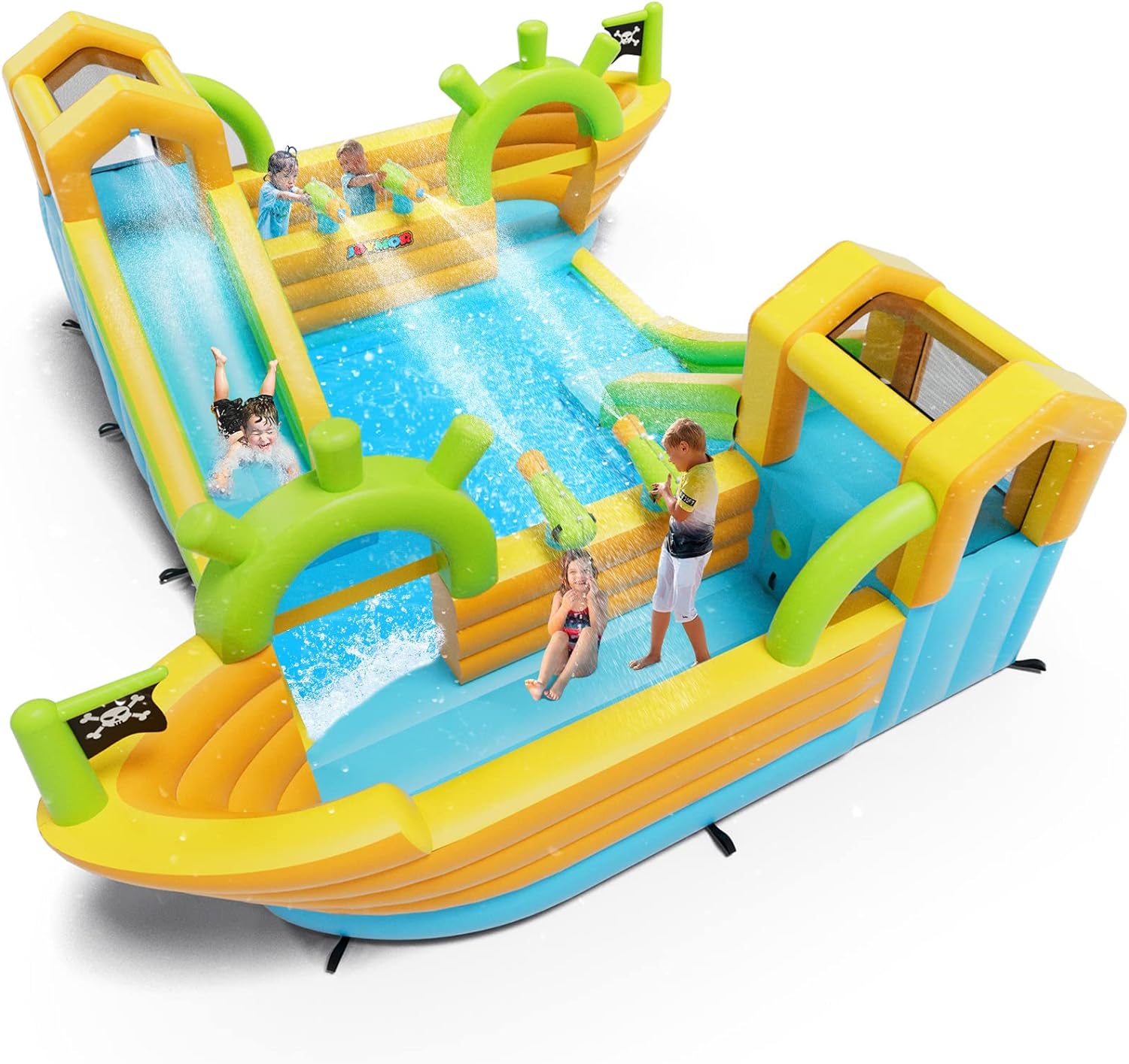 JOYMOR Inflatable Water Slide Park, 2 Pirate-Boat Giant Water Slide w/4 Water Cannon, Challenge Climbing Wall, Kids Water Slide for Backyard Outdoor Fun with Air Blower, Up to 6 Kids