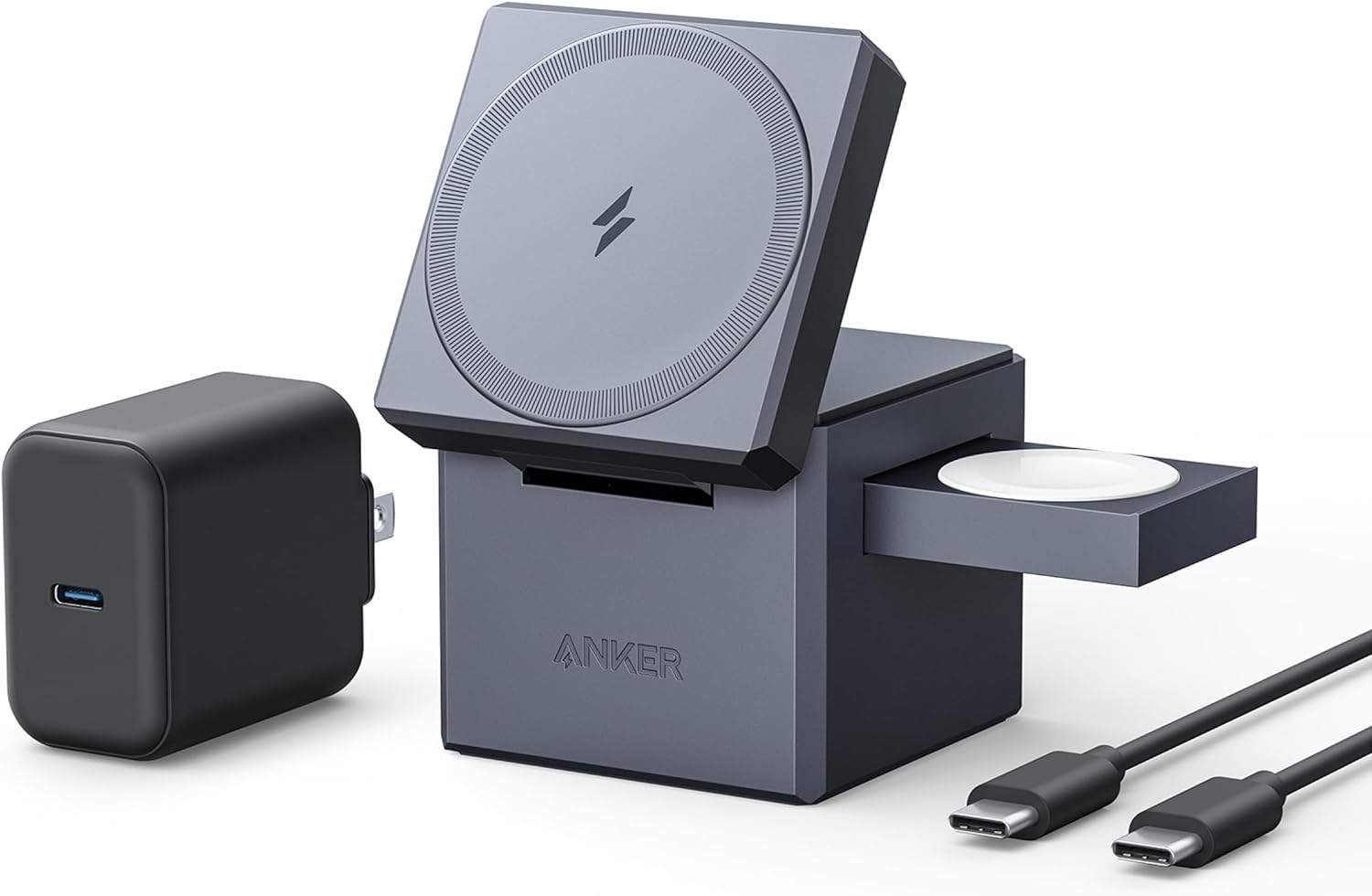 Anker MagSafe Charger Stand,Anker 3-in-1 Cube with MagSafe, 15W Max Fast Charging Stand, Foldable Wireless Charger for iPhone 15/14/13, Apple Watch S1-8/Ultra, AirPods (30W USB-C Charger Included)