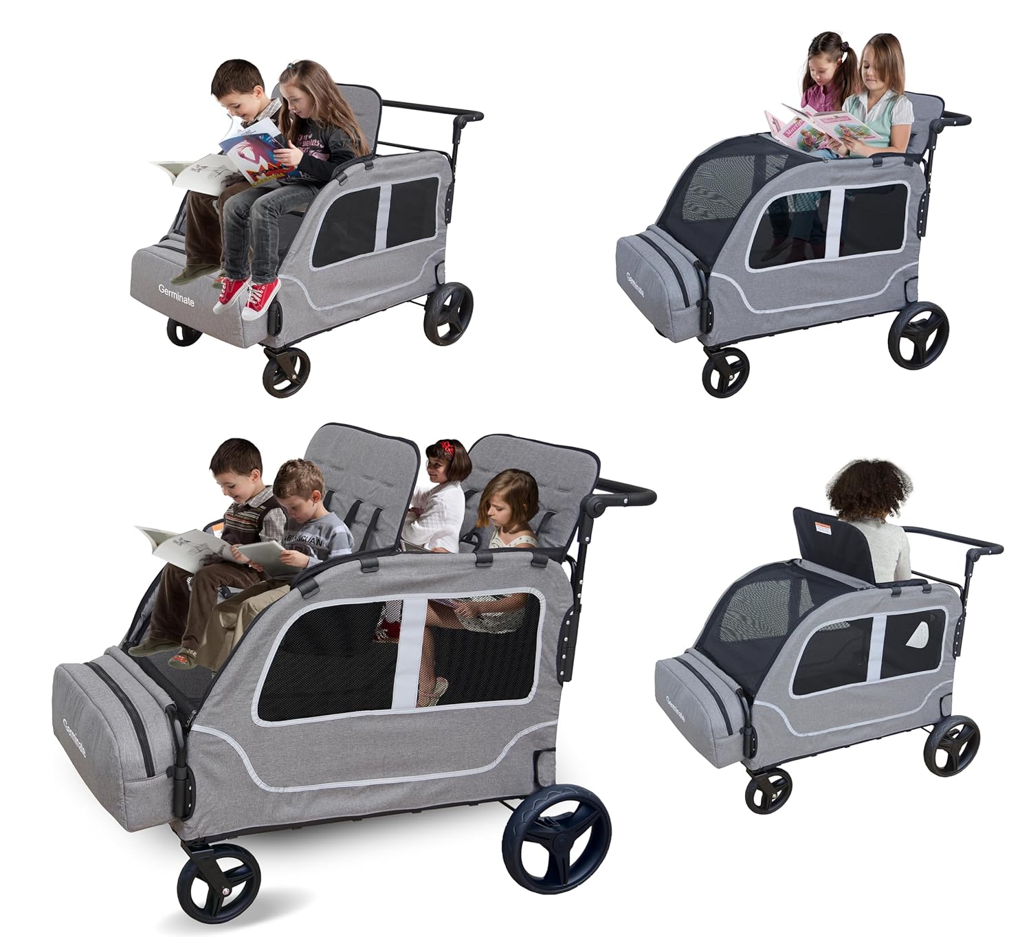 Stroller Wagon Four Seater 1 2 3 4 Year Old Kids Baby Toddler Passenger Travel Foldable Jogger Quad Double Triple Tandem Strollers (Dark Grey)