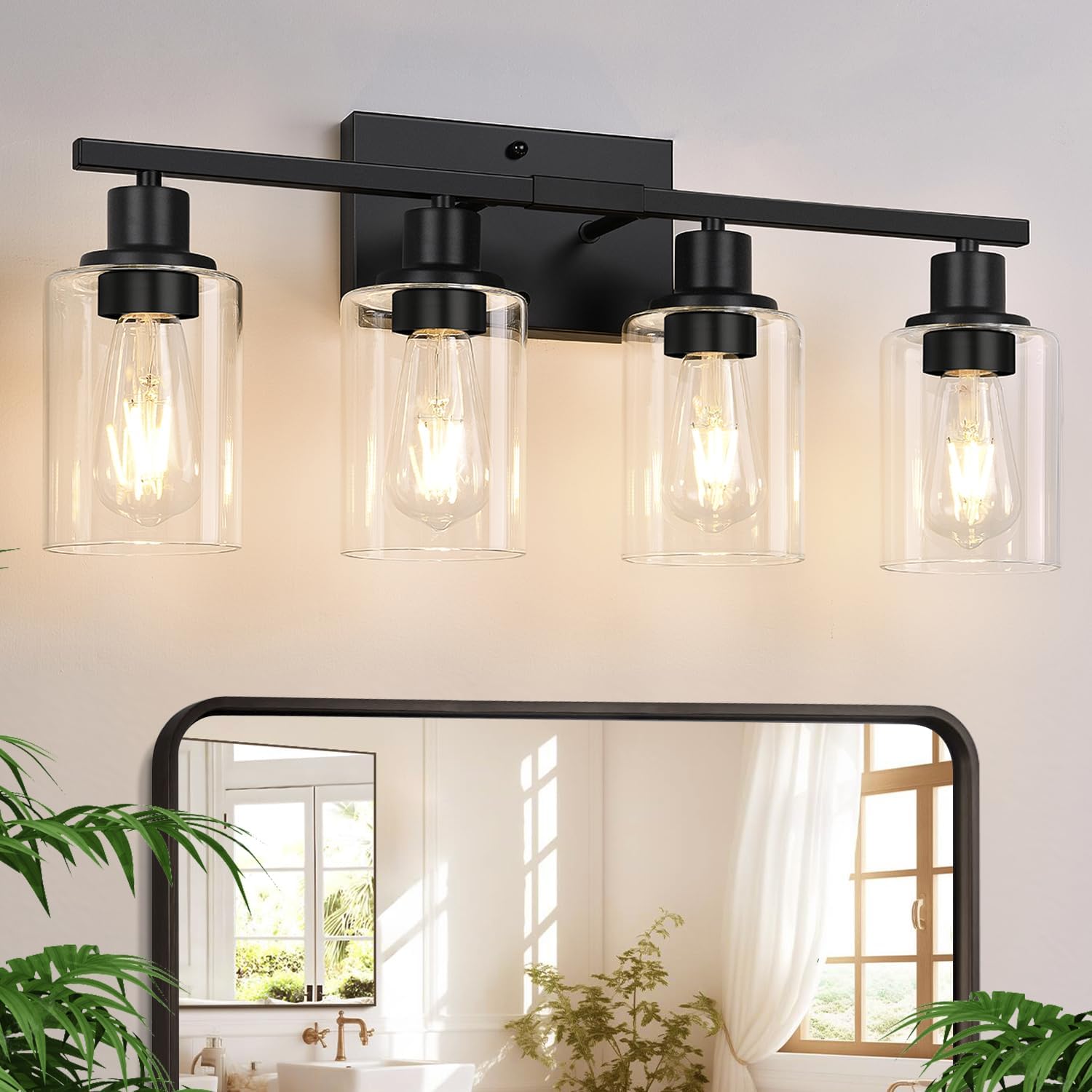 4-Light Bathroom Light Fixtures, Bathroom Vanity Lights with Clear Glass Shades, Matte Black Bathroom Light Fixtures over mirror, Modern Bathroom Wall Lamp for Mirror Living Room Cabinet Bedroom Porch