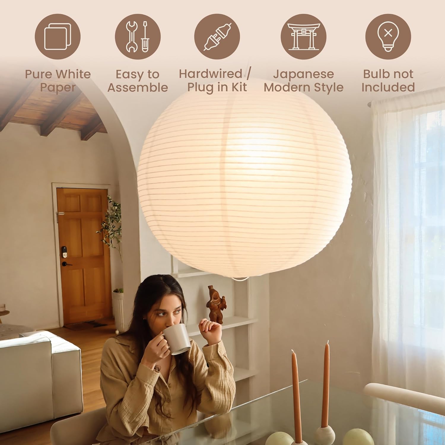 •NOGY• Large Paper Lantern Pendant Light - Ambient Lighting with Rice Paper Lamp Shade, Perfect for Home Decor, Easy Installation (Plug-in, 19.6 in)