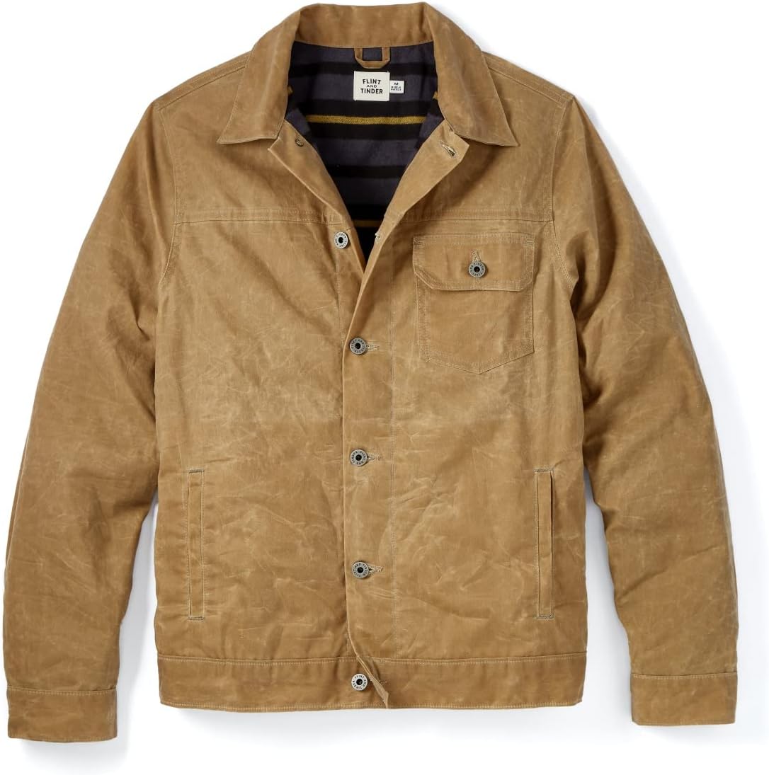 Huckberry Flint and Tinder Men's Flannel-Lined Waxed Trucker Jacket, Water &amp; Weather Resistant