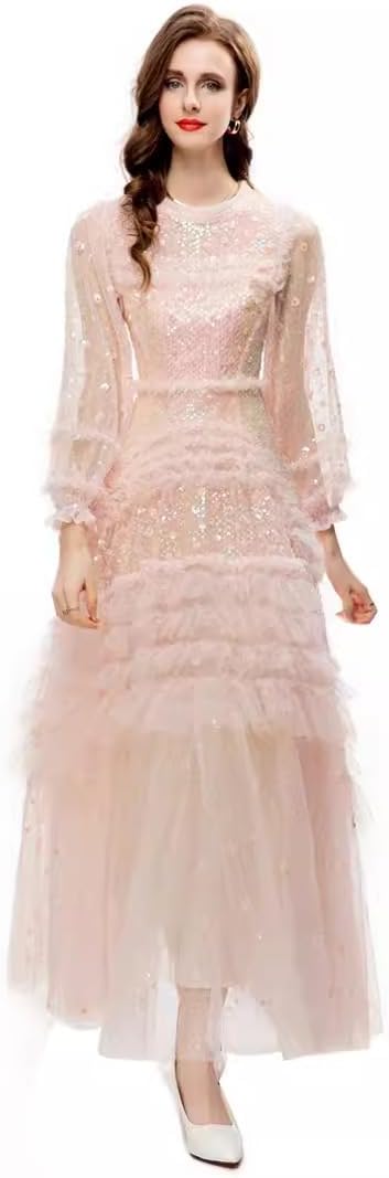 Women's Slim Sheath Formal Gowns and Evening Dresses(Petite and Regular), Red/Pink Sequin Retro Mesh Long