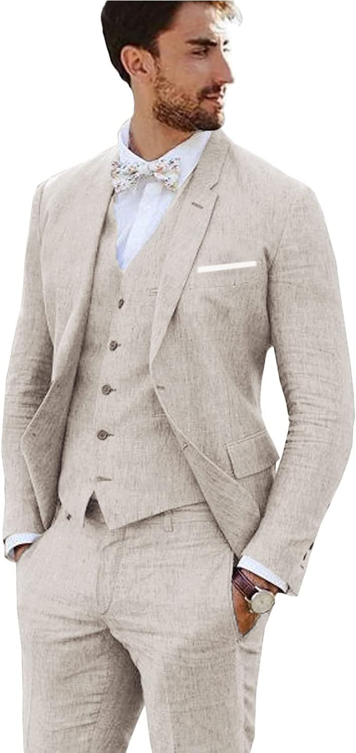 Furuyal Linen Suit 3 Pieces Vintage Retro Wedding Prom Suits Slim Fit Jacket Blazer Groom Tuxedos