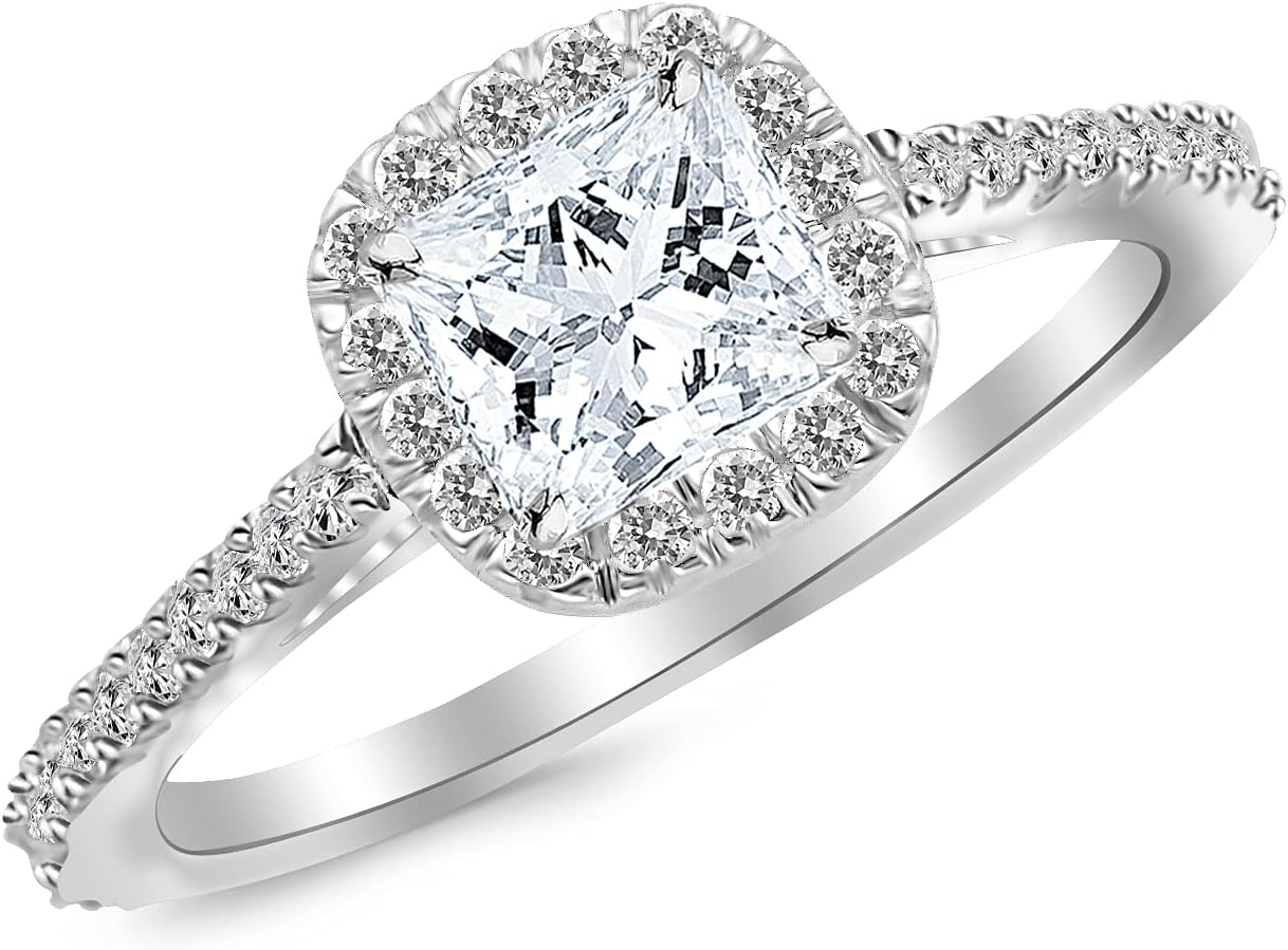 14K White Gold 4.5 Carat LAB GROWN DIAMOND Gorgeous Classic Cushion Halo Style Princess Cut Diamond Engagement Ring (G-H Color VS2-SI1 Clarity 4 Ct Center)