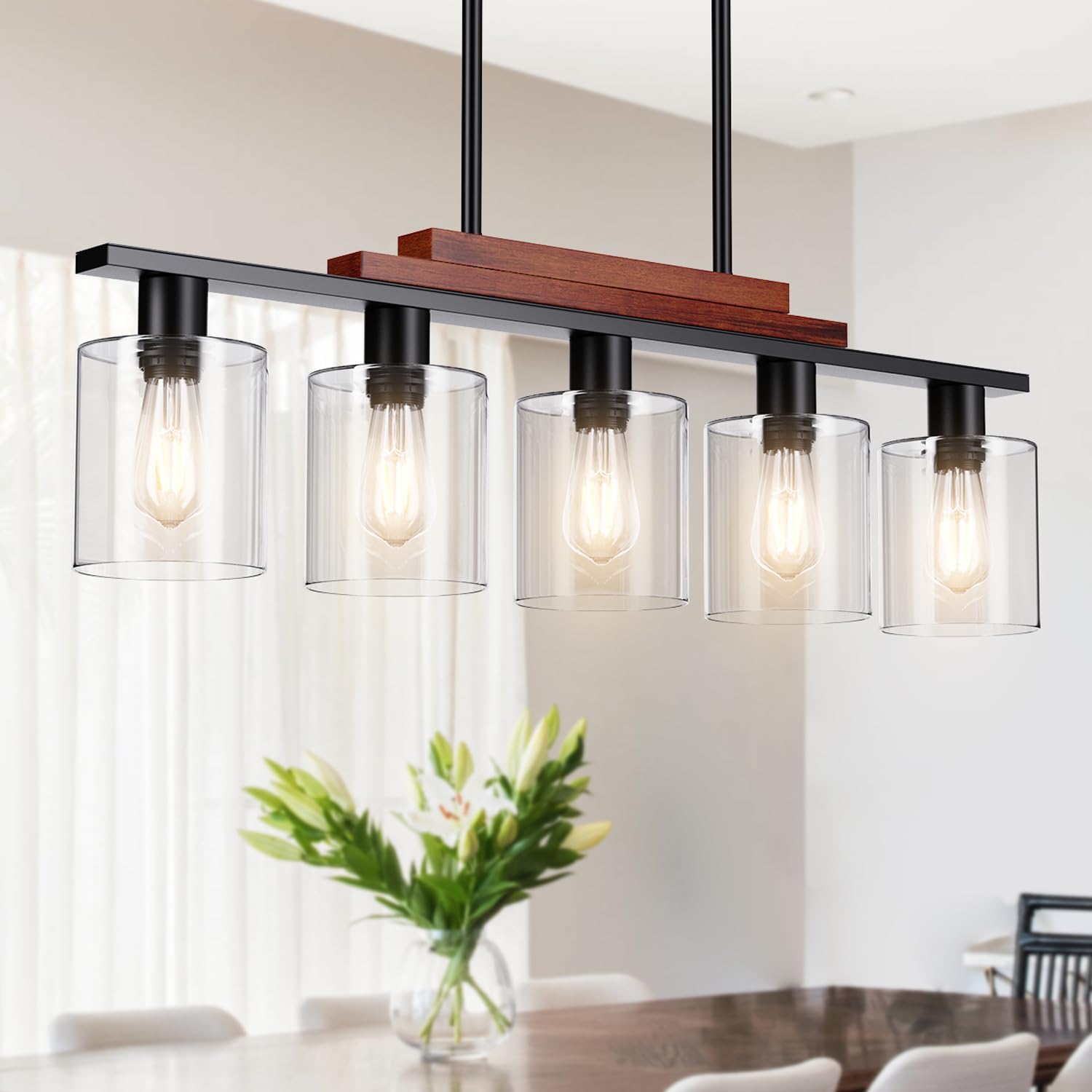 Litake Kitchen Island Lighting, Pendant Lights Kitchen Island 5-Lights Chandeliers for Dining Room with Glass Shade, Black Dining Room Light Fixtures Over Table, Kitchen Pendant Lighting Over Island