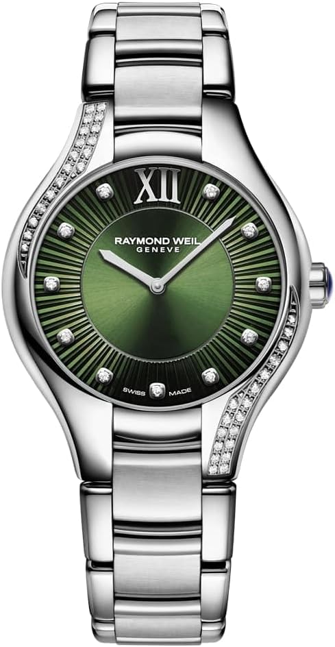 RAYMOND WEIL Noemia Women's Watch, Quartz, Green Dial, Roman Numerals, 47 Diamonds, Stainless Steel, 32 mm (Model: 5132-S1S-52181)