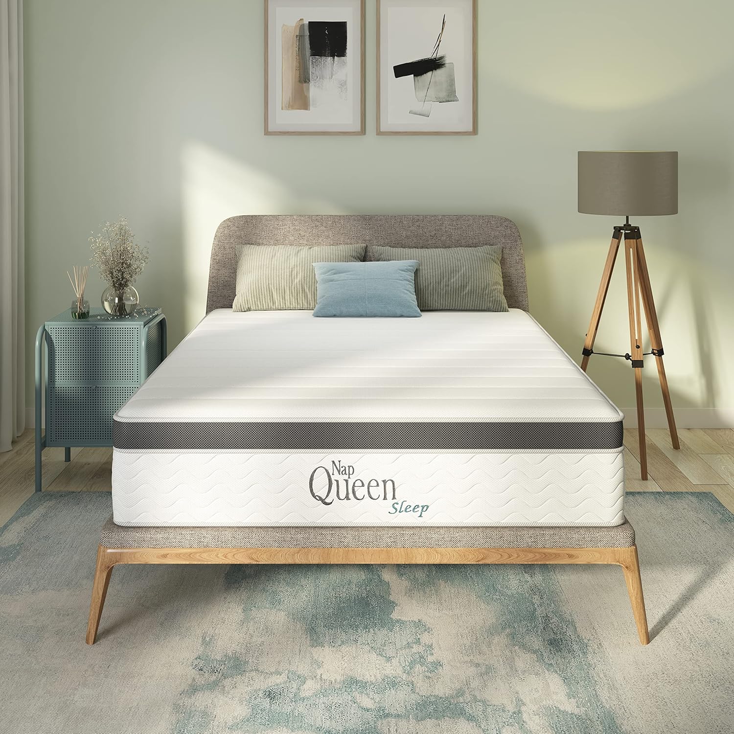 NapQueen 8 Inch Maxima Hybrid Mattress, Full Size, Cooling Gel Infused Memory Foam and Innerspring Mattress, Bed in a Box, White &amp; Gray