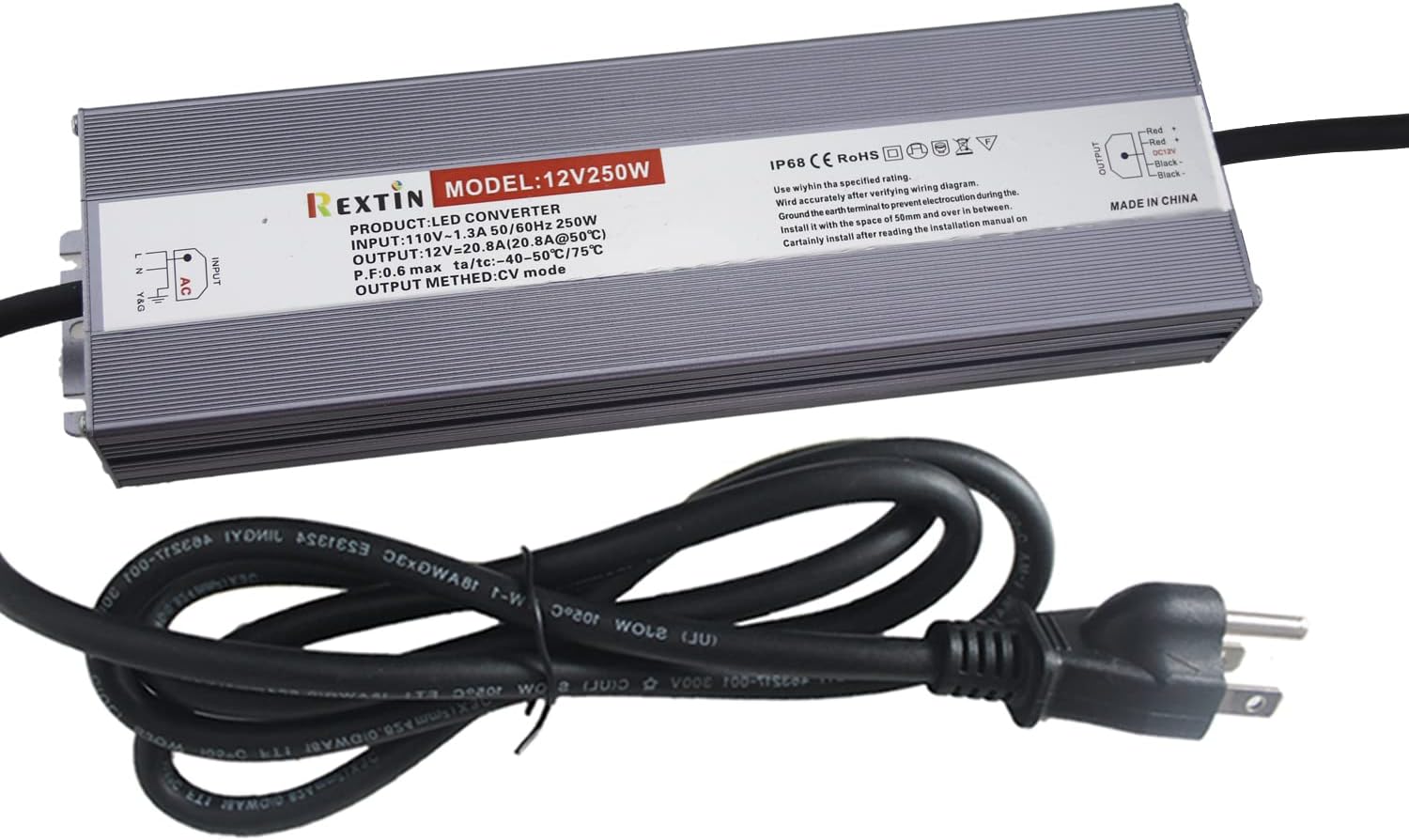 Rextin DC 12V 250W 21A Led Power Supply Constant Voltage LED Transformer IP67 Waterproof Aluminum Alloy Shell for LED Lighting Led Strip Led Module LED Power Accessories (250W) (250w 20.8A)