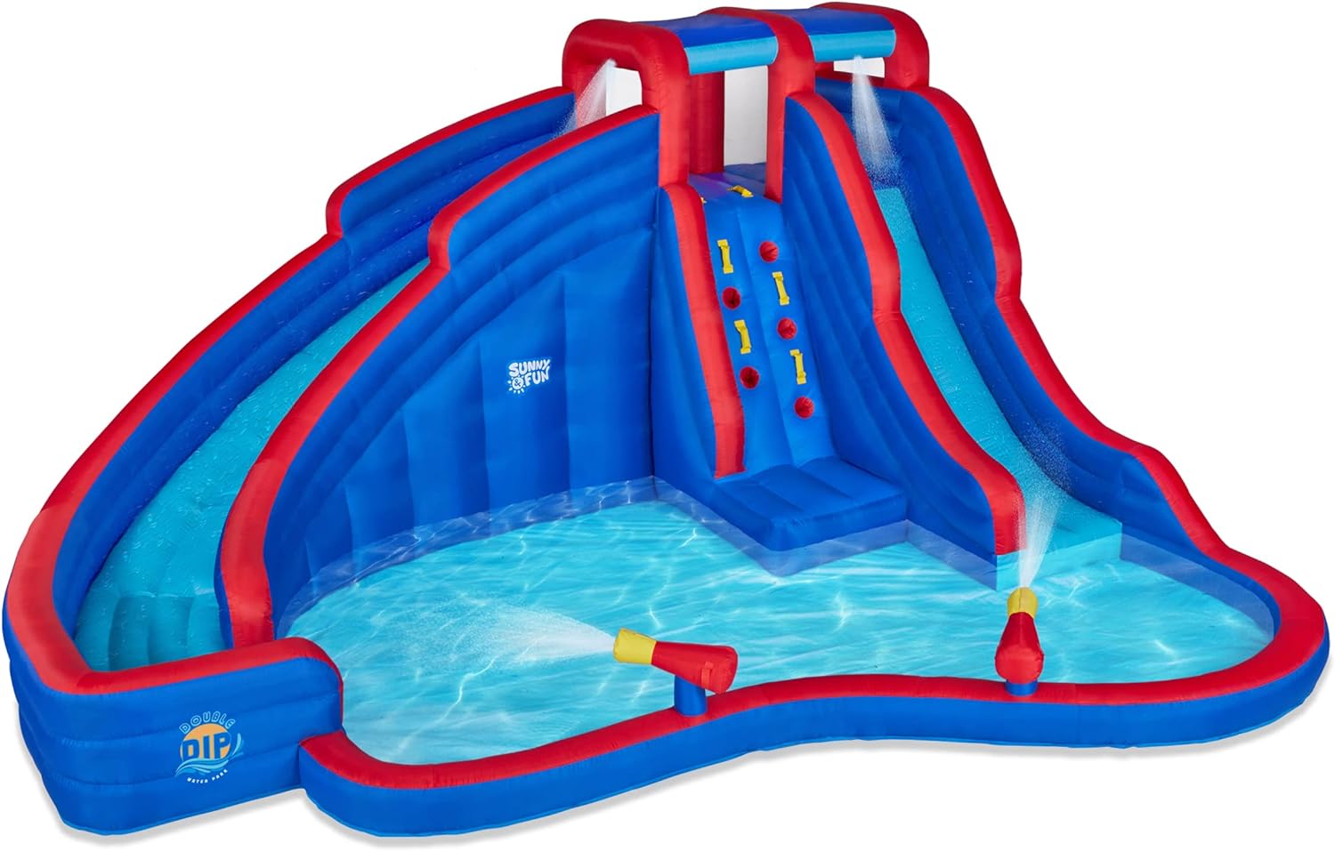 Sunny &amp; Fun Double Dip Inflatable Water Slide Park – Heavy-Duty for Outdoor Fun - Climbing Wall, 2 Slides &amp; Splash Pool – Easy to Set Up &amp; Inflate with Included Air Pump &amp; Carrying Cas