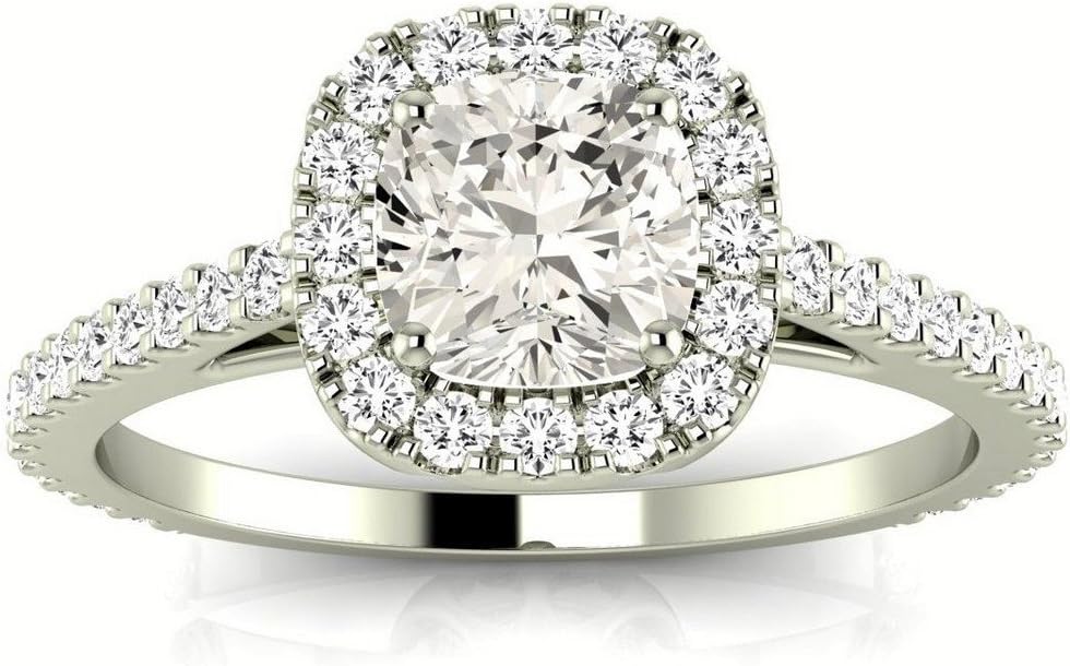 14K White Gold 3.25 Carat LAB GROWN DIAMOND Gorgeous Classic Cushion Halo Style Cushion Cut Diamond Engagement Ring (E-F Color VS2-SI1 Clarity 3 Ct Center)